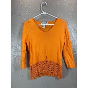 Joseph A. Women's 3/4 Sleeve V-Neck Crochet Trim Sweater Fitted Orange Sz Medium